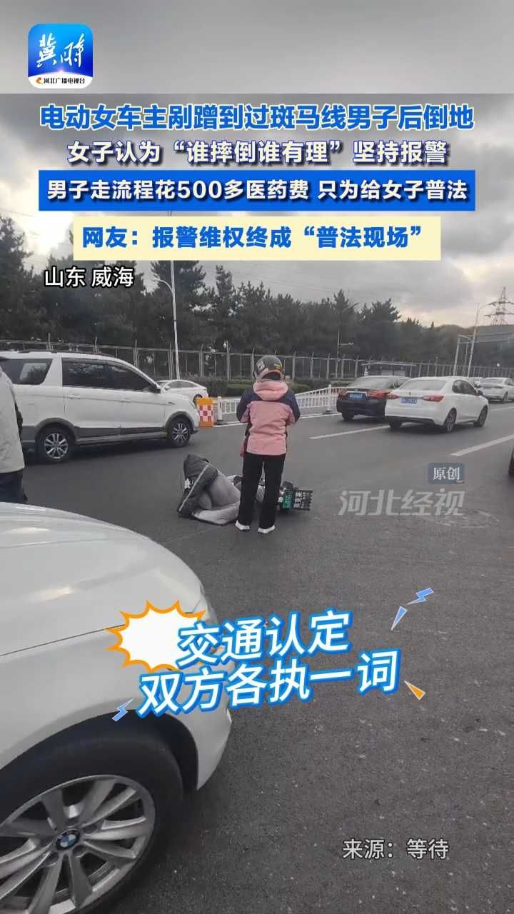 电动女车主剐蹭到过斑马线男子后倒地，女子认为“谁摔倒谁有理”坚持报警，男子走流程花500多医药费，只为给女子普法。网友：报警维权终成“普法现场”