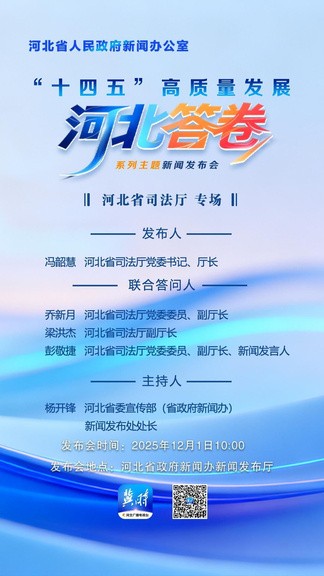 发布会预告丨12月1日（星期一）10时，河北省政府新闻办将举办“十四五”高质量发展河北答卷系列主题新闻发布会，邀请省司法厅主要负责同志介绍“十四五”时期司法行政工作情况，并与该单位相关负责同志共同回答记者提问。