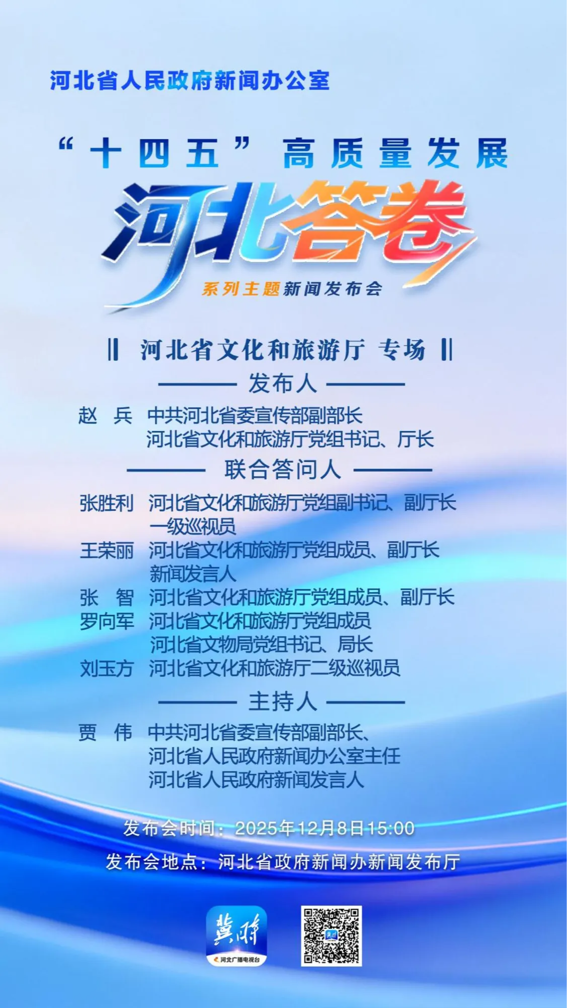 发布会预告丨12月8日(星期一）15时，河北省政府新闻办将举办“十四五”高质量发展河北答卷系列主题新闻发布会，邀请省文化和旅游厅主要负责同志介绍“十四五”时期河北省文化旅游事业发展情况，并与该厅相关负责同志共同回答记者提问。冀时客户端将直播本场发布会，敬请关注。