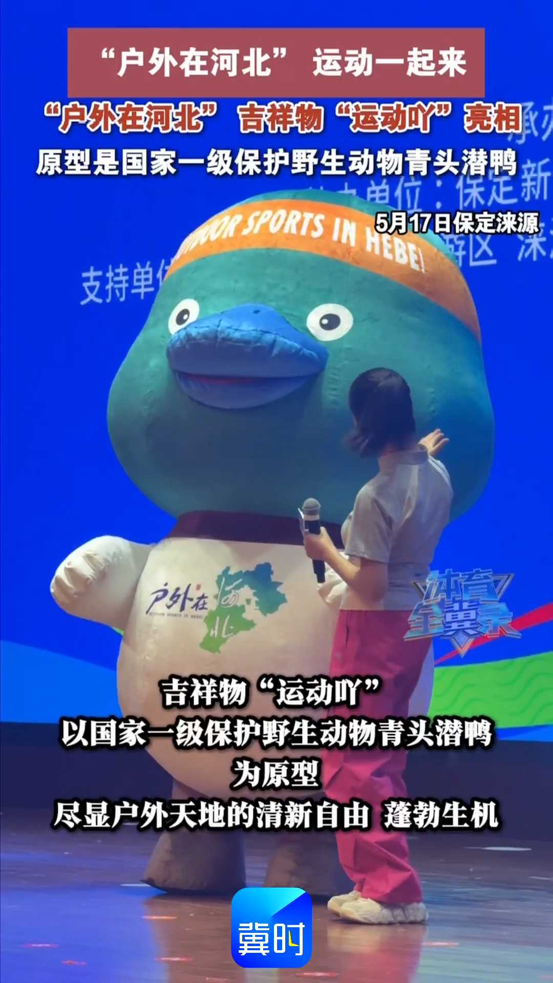 “户外在河北”运动一起来，“户外在河北”吉祥物“运动吖”亮相，原型是国家一级保护野生动物青头潜鸭